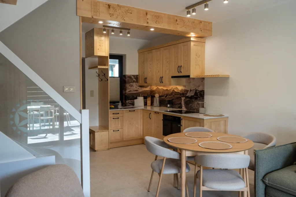 Kitchen and dining area with wooden details
